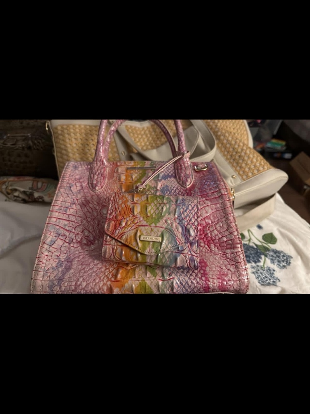 Brahmin Pink Multi Croc-Embossed Rainbow Satchel